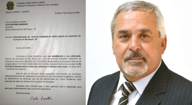 Deputado envia 413 mil de emenda e Vereador afirma ser quem mais captou recursos a São Roque
